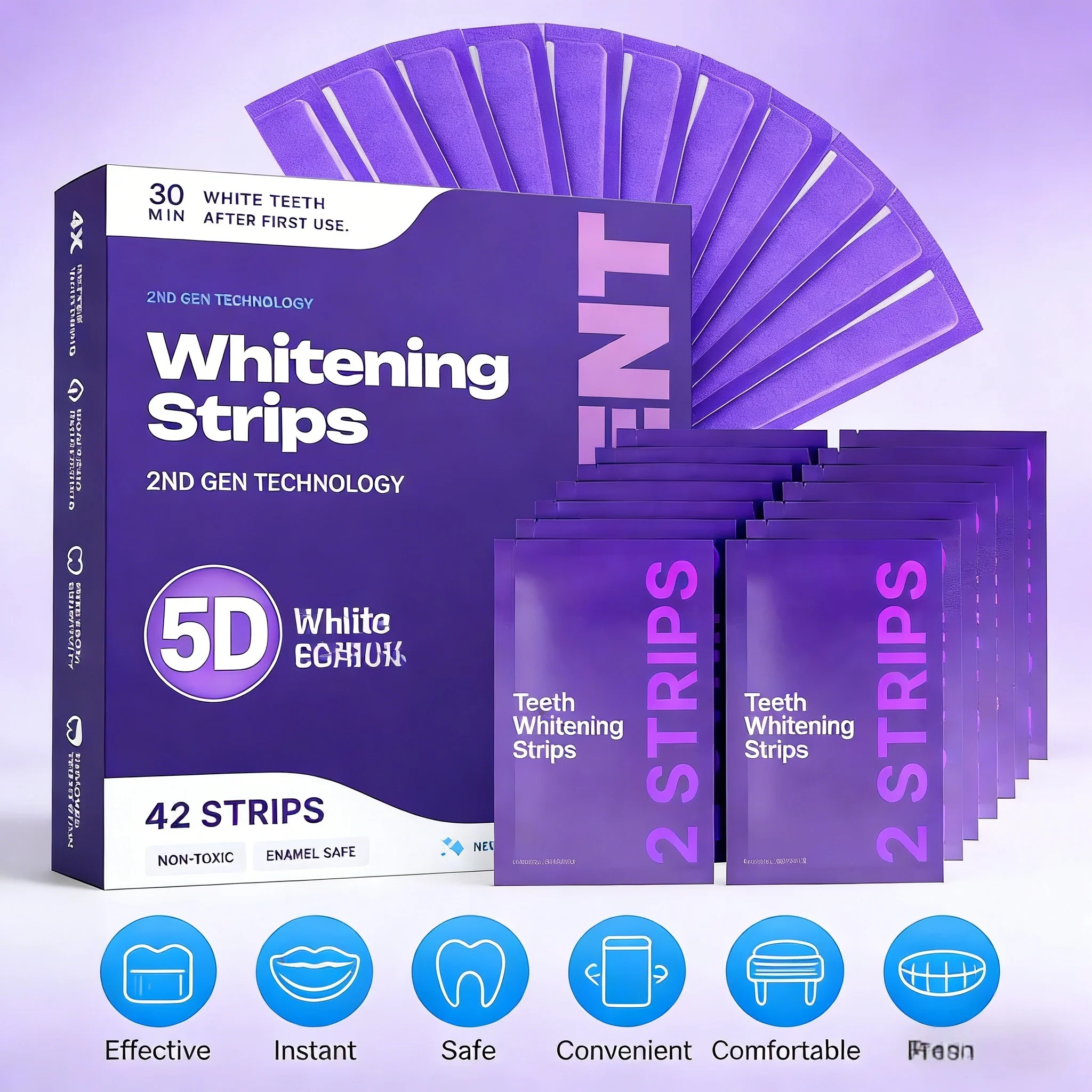 

5D-полоски для отбеливания зубов за 30 минут, эффективные полоски для удаления пятен от курения и кофе, для домашнего использования, 42 штуки в упаковке