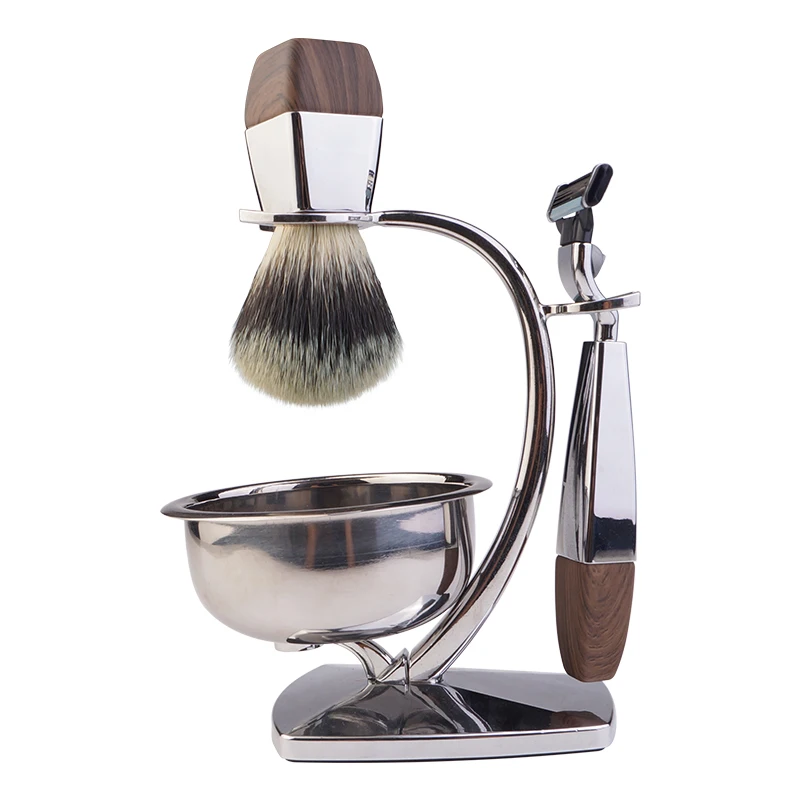 High Quality Badger Hair Shaving Brush, Shave Stand and 3 Blade Razor Metal Men shaving set for men shave