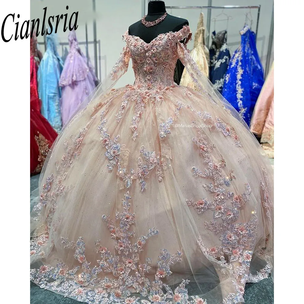 فساتين Quinceanera الزهور الوردية مع يلتف 2023 بدون الكتف كريستال الأميرة الجميلة 15 16 فستان حفلة عيد ميلاد فساتين حفلة موسيقية بأربطة