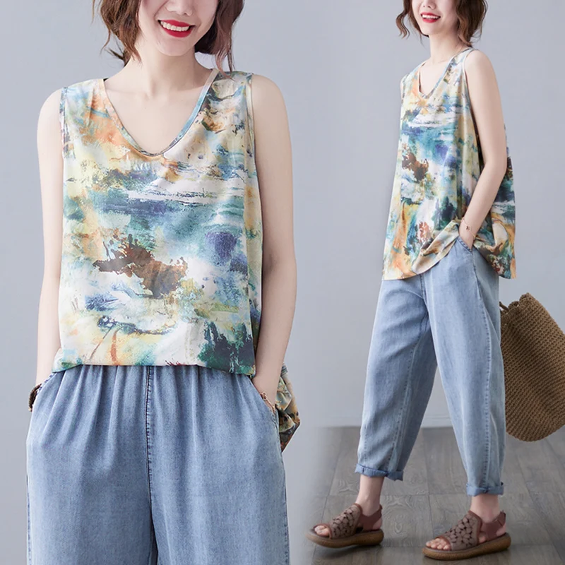 

Cotton Linen Printed Vest Svel Thin Base irt V-ne Belly Concealing Anti-aging Linen Top for plus Size Women
