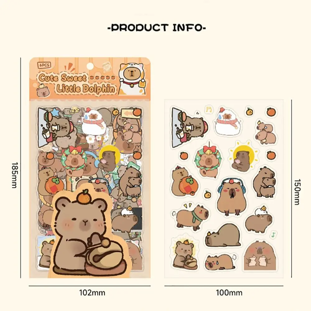 6Pcs/bag PET Capybara Sticker Stationery Material Scrapbooking Capybara Handbook Stickers Cartoon Cartoon Decorative Stickers