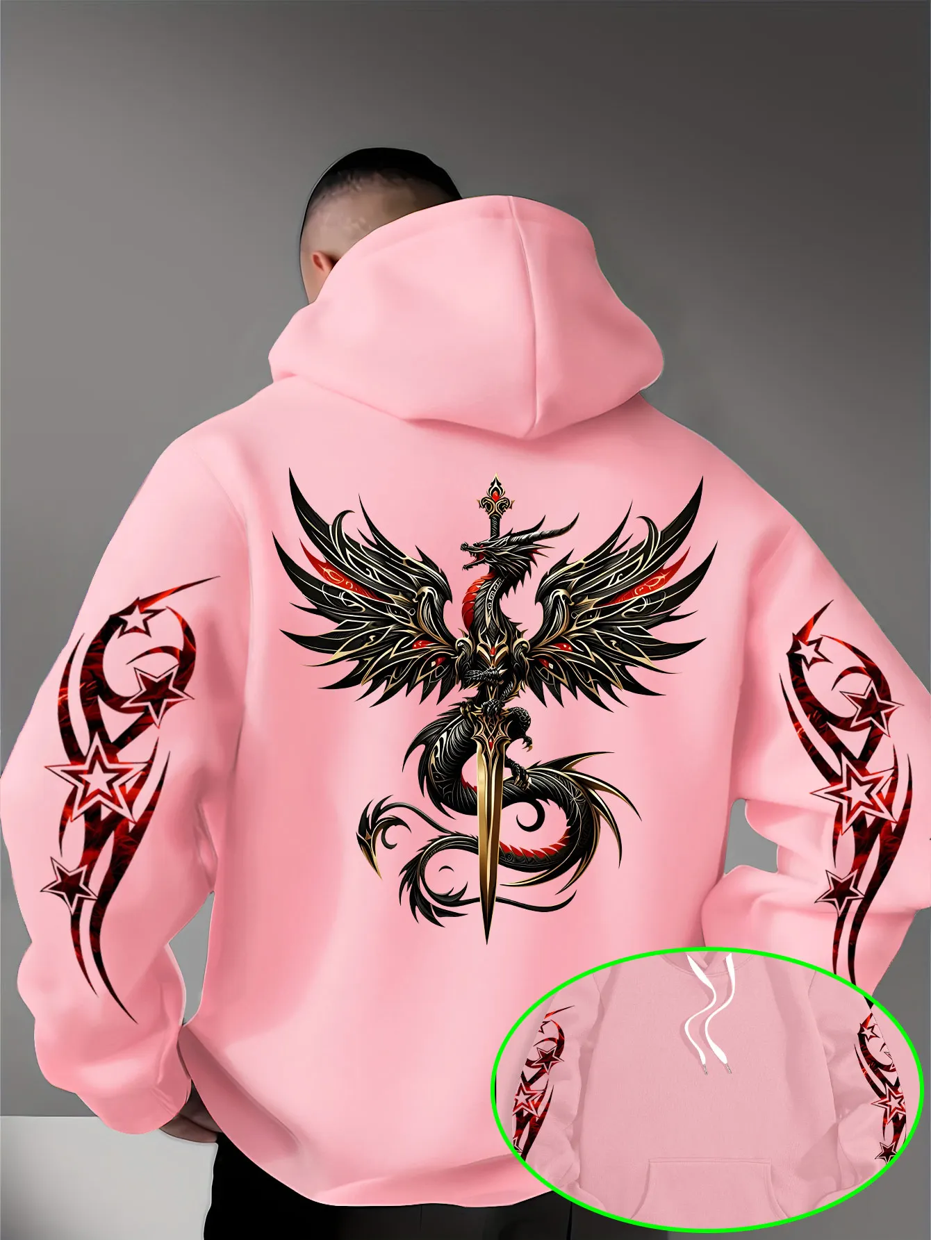 Herren Gothic Drachenschwert Hoodie Rot-Gold Drachen-Grafik Schwarzer Streetwear Pullover Sweatshirt Hip-Hop Sport Casual Top – Detail 5