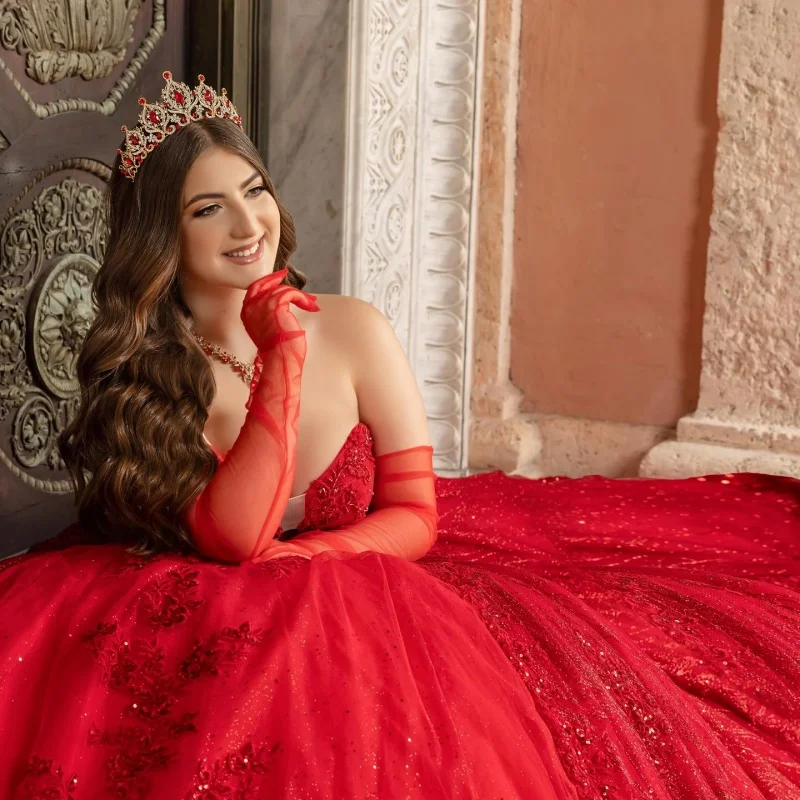 

Customized Shiny Red Quinceanera Dresses Off the Shoulder glitter applique Long tail Lace Bow Vestido 15 Quinceanera