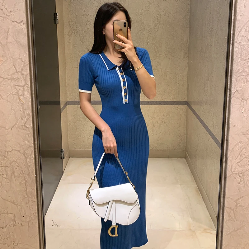 Coigarsam Women's Summer Dress 2024 New Office Lady Korea Style Knitted Short Sleeve Single Breasted Blue Black Dresses