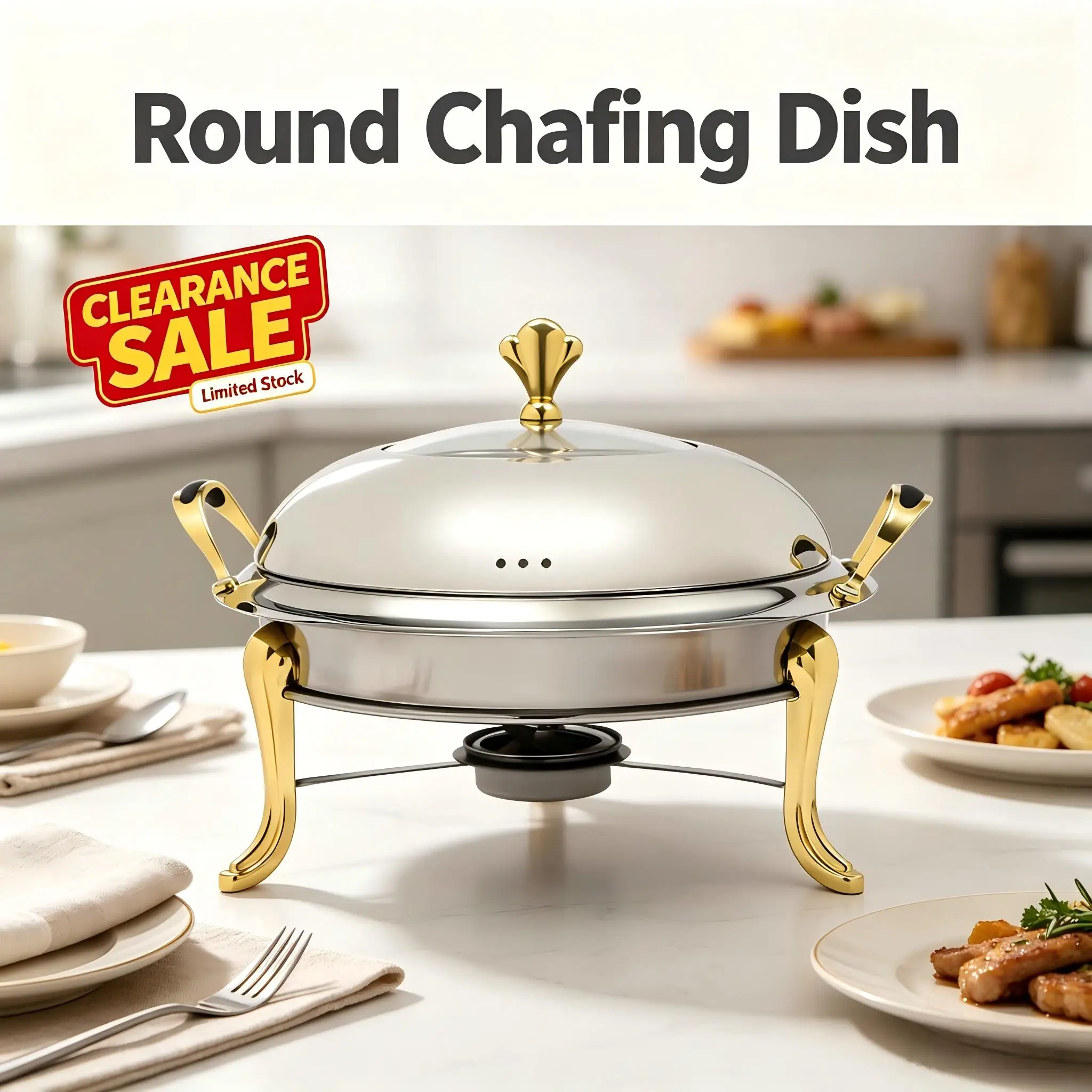 Round Chafing Dish Support Frame Buffet Food Warmer 2.5L Capacity Food Serving Chafer for Banquet Wedding Hotel Family Gathering