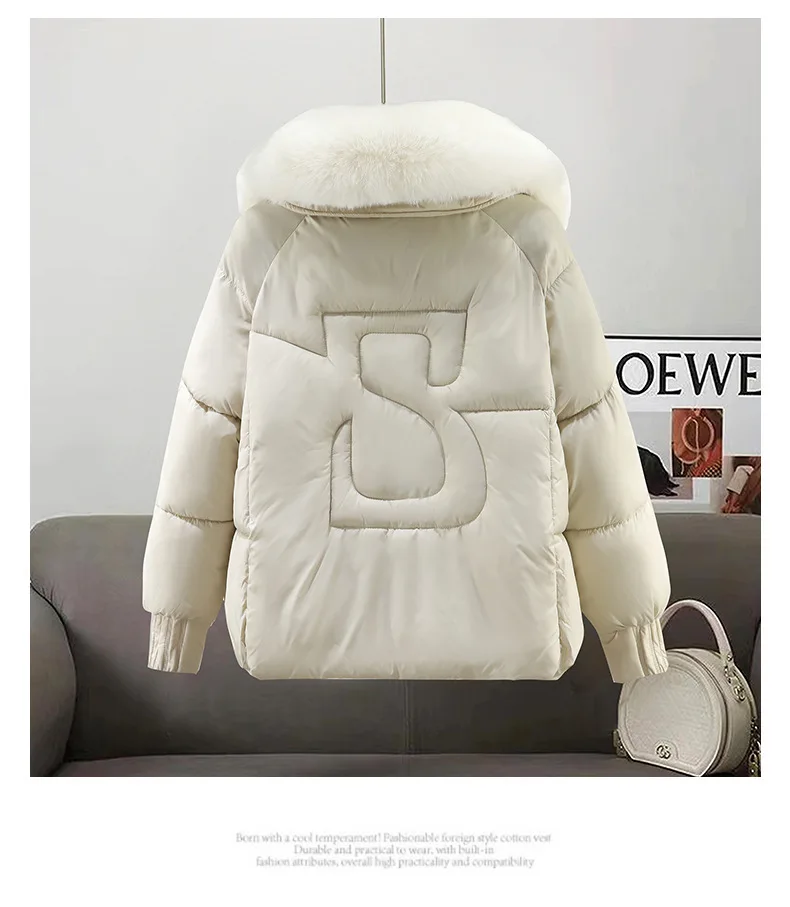 2025 الخريف الشتاء سترة منتفخ الفراء طوق سترات موهير سميكة الدافئة أسفل القطن وسادة مبطنة المرأة معطف غير رسمي الإناث