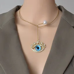 New European and American metal opening necklace net red temperament pearl devil eye necklace design sense collar chain cla