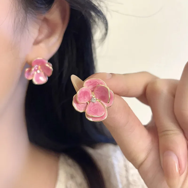 Trendy Jewelry French Temperament Gentle Petal Enamel Pink Flower Exaggerated Earrings For Women Wedding Gifts Fine Accessories