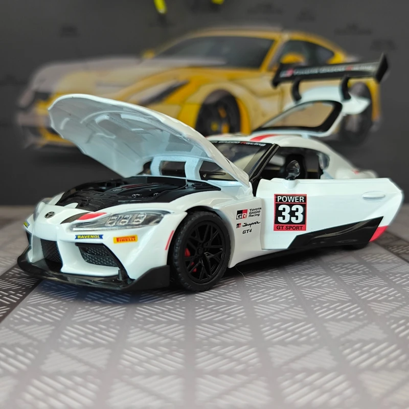1:32 Toyota Supra GT4 alloy car model doors and the front hood and trunk door can be opened has simulated sound and lighting