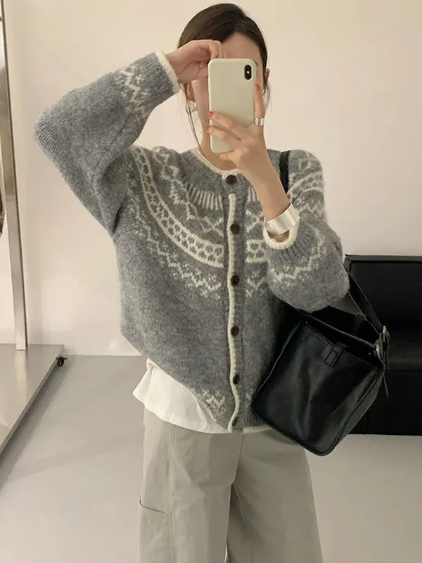 

Women's Soft Loose Versatile Knitted Sweater Coat Retro Fair Isle Pattern round Neck Open Cardigan Spring Autumn Casual Style