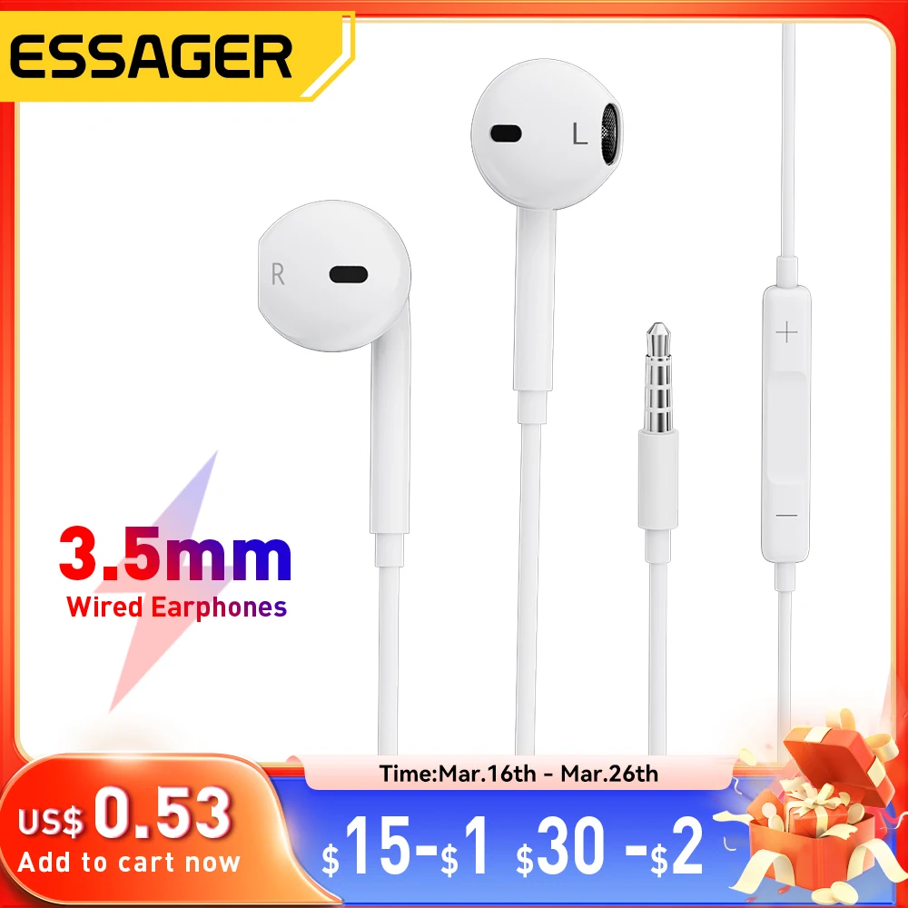 Essager 3.5mm Wired Headphones In Ear Headset Wired Earphones with Microphone Stereo Earbuds Sports In-line Control For Phones