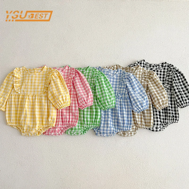 New Infant Kids Baby Girls Boys Long Sleeve Sweet Grid Jumpsuit Spring Autumn Newborn Baby Girls Boys Clothes Rompers