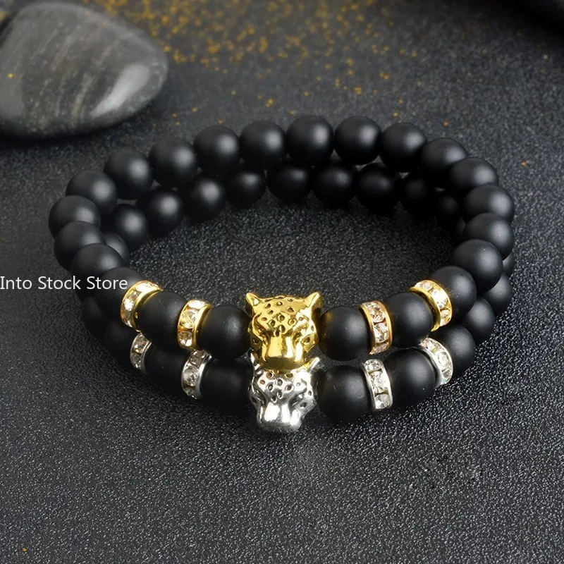 Natural Stone Lava Stone Bead Strand Bracelet for Men Male's Leopard Pendant Panther Head Charms Bracelet Jewelry on Hand