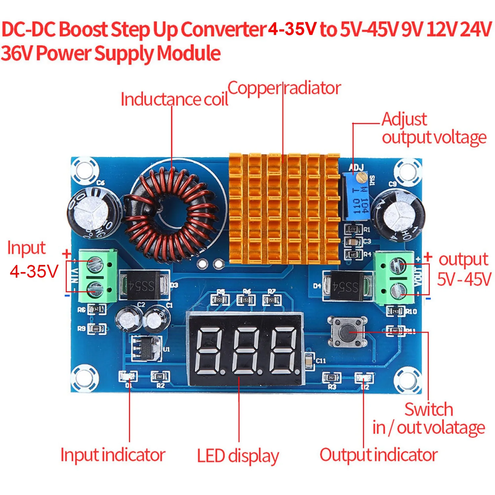 

Boost Module Boost Converter to Power Converter ‐ Boost Step Up Converter 4‐35V to 5V‐45V Модуль питания 5A