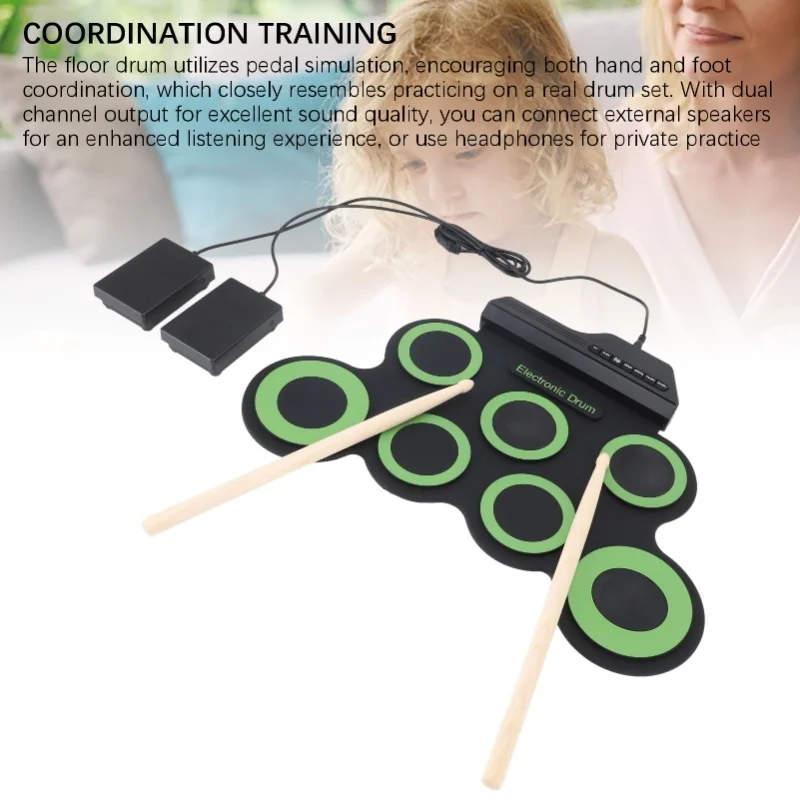 وسادة الطبل الإلكترونية مع 7 وسادات للتدريب، مقبس سماعة الرأس، طبلة قابلة للطي من السيليكون مع دواسة
