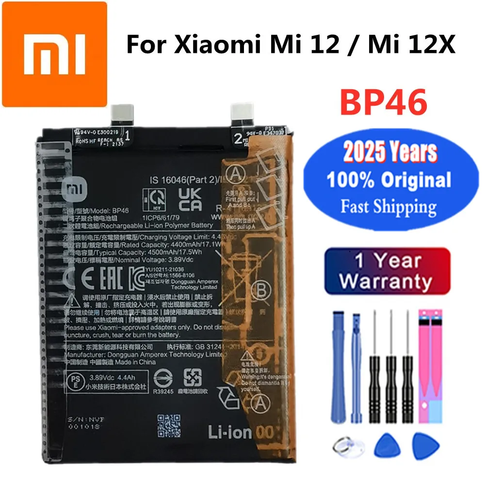 

2025 лет, 100% оригинальный новый аккумулятор BP46 4500 мАч для телефона Xiaomi Mi 12/Mi 12X, высококачественные сменные аккумуляторы Bateria