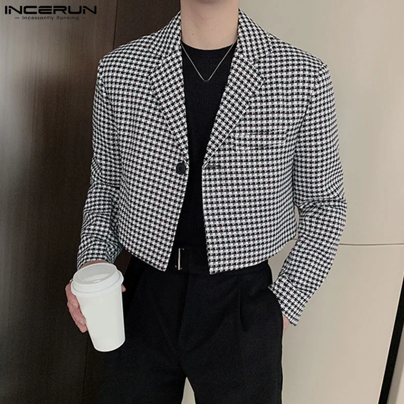 INCERUN Men\'s Plaid Blazer Lapel One Button Long Sleeve Casual Suits Men Streetwear Spring 2024 Fashion Leisure Crop Coats S-5XL