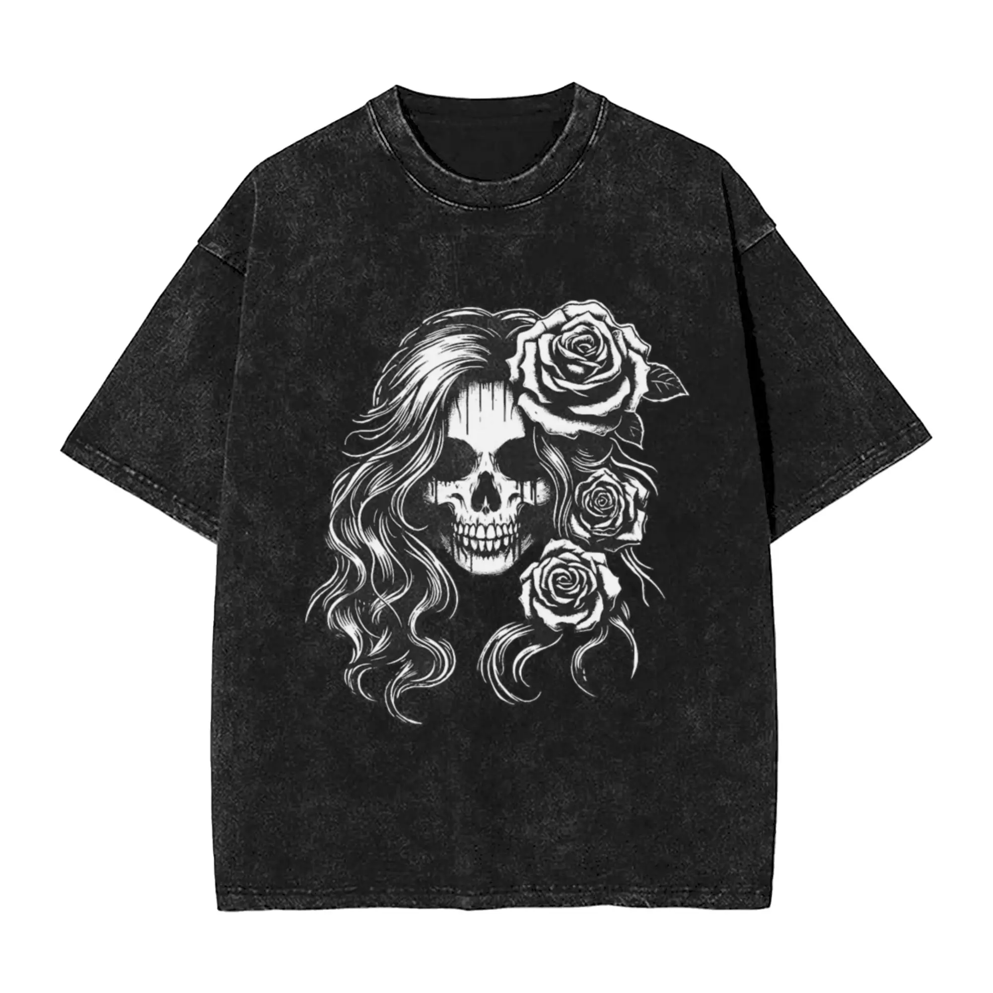 Dark Art Skull Girl with Long Hair Woman Grunge Vintage Tattoo A T-Shirt Oversized Short Sleeve Men's Women's Cotton Tees Tops