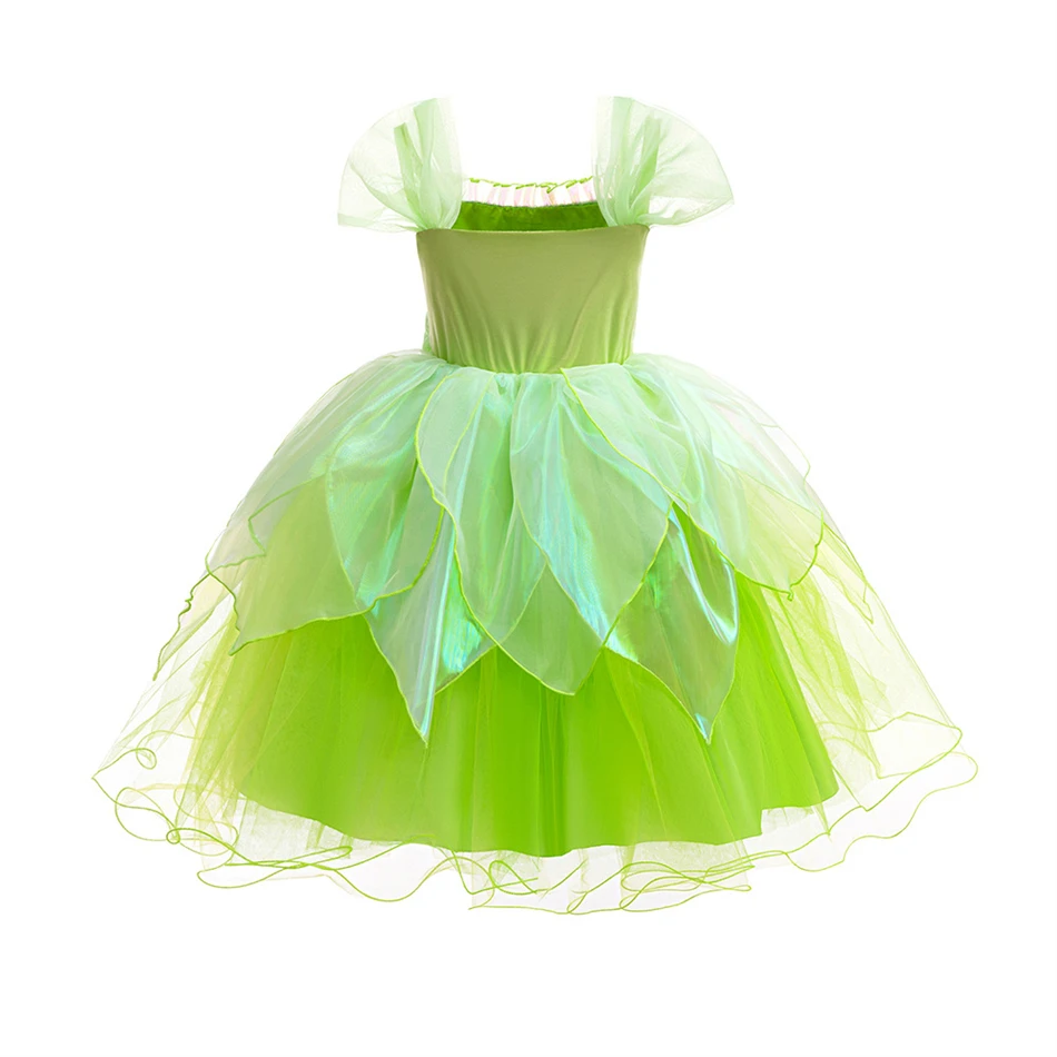 Disney Tinker Bell Tutu Dress Kids Cosplay Green Flower Fairy Elf Wings Children Luxury Elf Cosplay Costume Gift Halloween Cloth