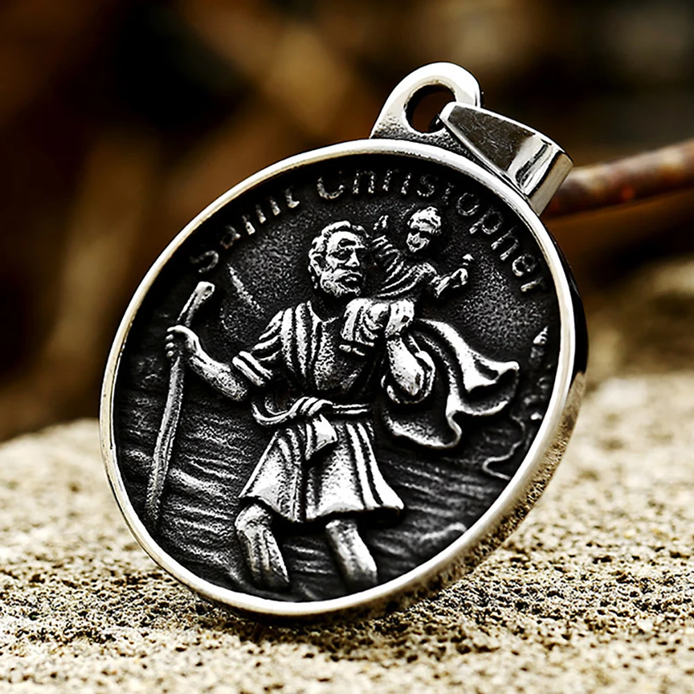 Vintage Men's Stainless Steel Saint Christopher Medal Pendant Patron Saint Of Time Travelers Necklace Religious Jewelry Gifts