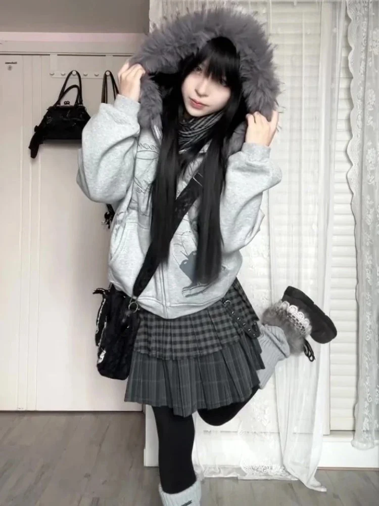 المرأة اليابانية الكرتون طباعة بلوزات Harajuku خمر الفراء المرقعة مقنعين هودي Y2k الجمالية عادية الجرونج جيب هوديس #5