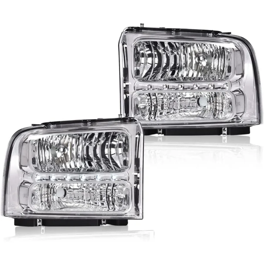 

LED DRL Headlights Assembly, Compatible with 2005-2007 Ford F250 F350 F450 F550 Super Duty bumper Headlamp(Clear lens Chrome Hou