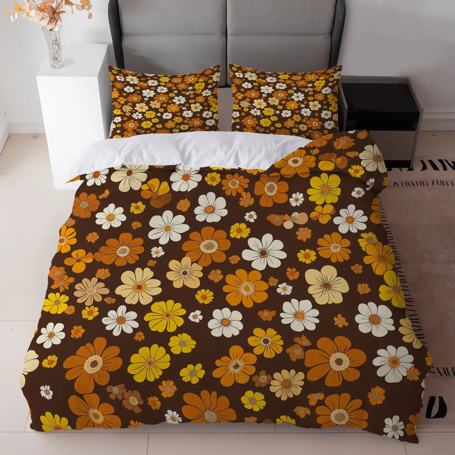 Aesthetic Floral Duvet Cover - 3Pcs Set Sprei Retro Motif Bunga,