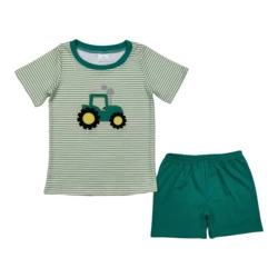 Wholesale Children Embroidery Farm Tractor T-shirt Baby Boy Summer Short Sleeves Set Infant Toddler Cotton Shorts Kids Outfit