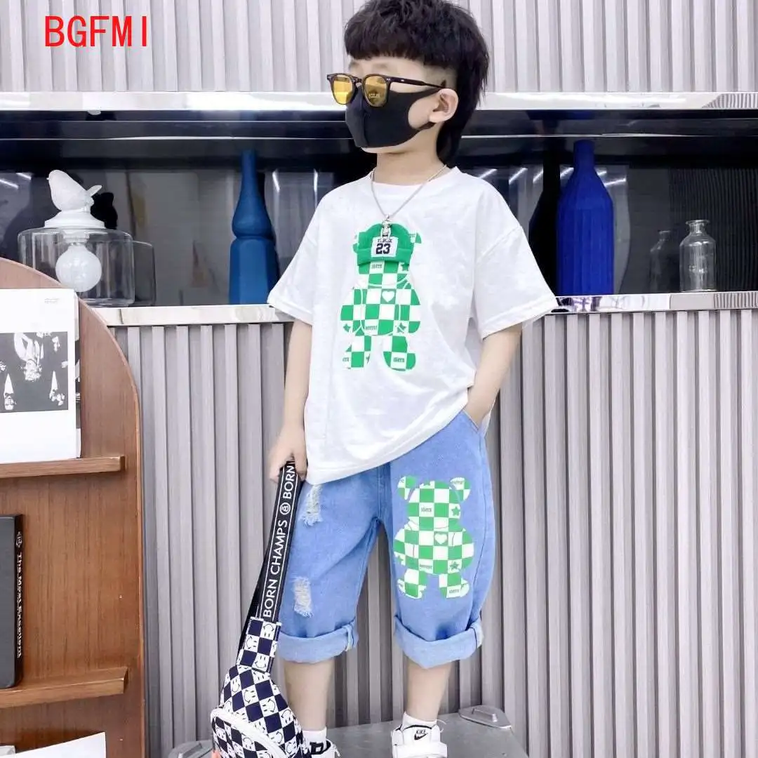 Korean Summer Kids Clothes Boy Cotton Cartoon Bear T-shirt + Denim Shorts 2pcs Set 2-10Y Children's Top and Bottom Clothes Set