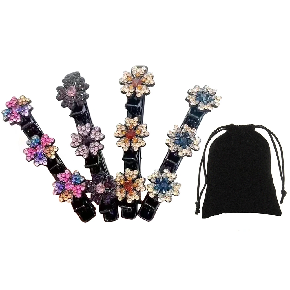 

4pcs Braided Hair Clip Crystal Stone Flower Hairpins Glittering with Velvet Bag