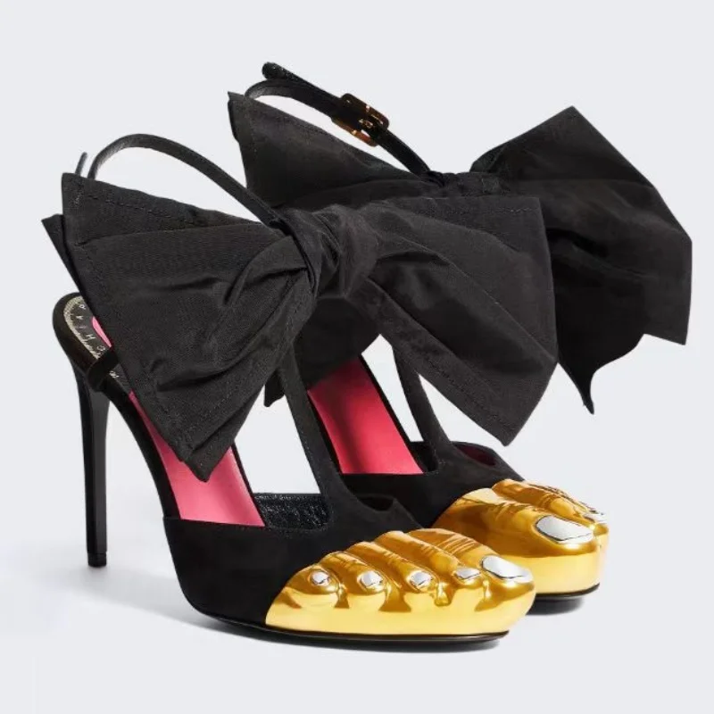 

Black Cloth Butterfly-Knot Sandales à Talons Golden Thumb Pointed Closed-Toe Shoes Women Buckle Strap Stiletto High Heel Fashion