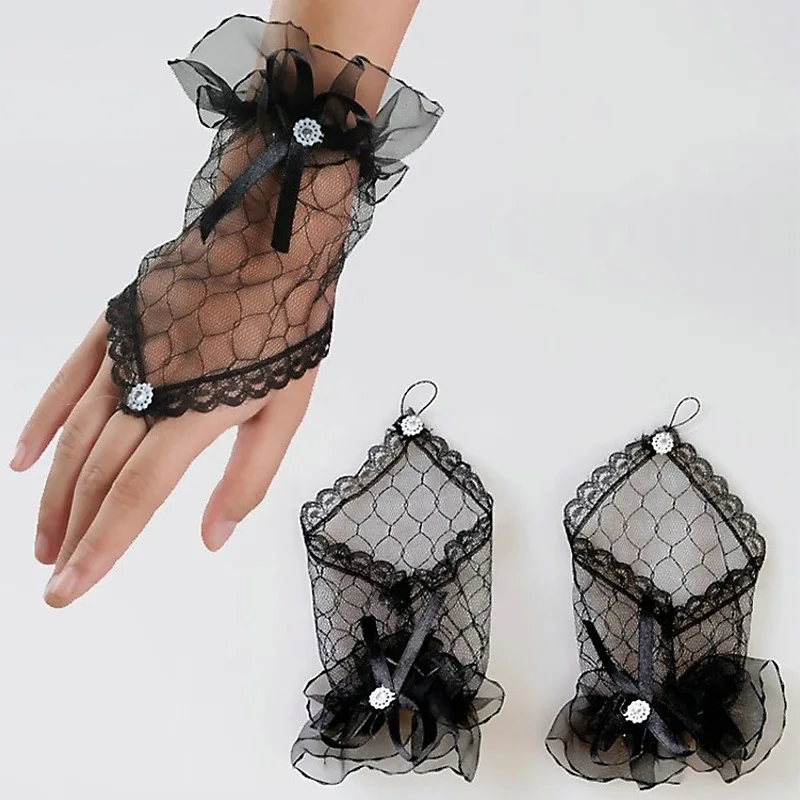 

Black White Short Fingerless Wrist Length Lace Bridal Wedding Gloves Prom Party Luva De Noiva