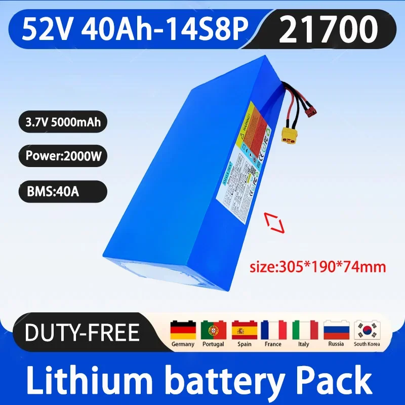 New 52V 40Ah 21700 14S8P lithium battery pack, built-in BMS 40A 2000W motor high-power rechargeable battery+5A charger