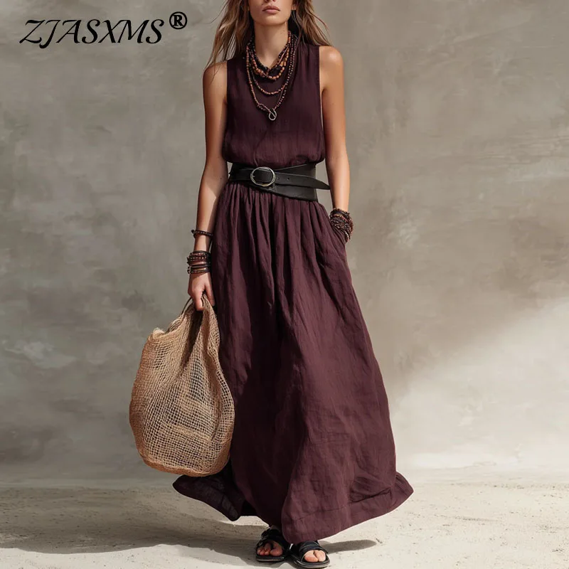 

Women's Sleeveless O Neck Maxi Dress Casual Loose Pleated Flowy Long Dress Vintage Boho Summer Beach Vacation Daily Wear Dresses