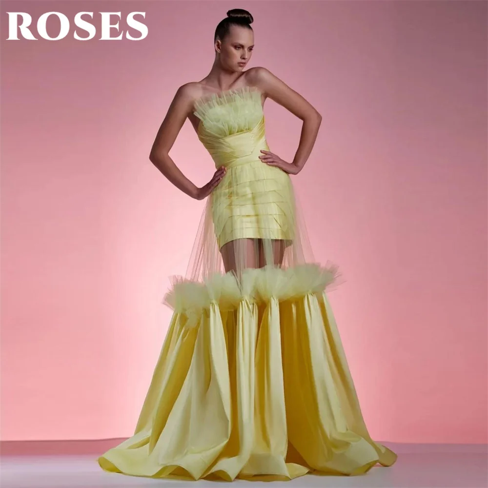 

ROSES Yellow Tulle Elegant Prom Dresses Strapless Formal Party Gown Pleats A-Line Evening Dresses for Woman 프롬 드레스 Customized