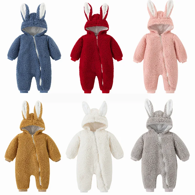 Autumn and Winter Newborn Baby Clothing Thickened and Warm Rabbit Ear Hooded Jumpsuit 0-12 Month Newborn Romper