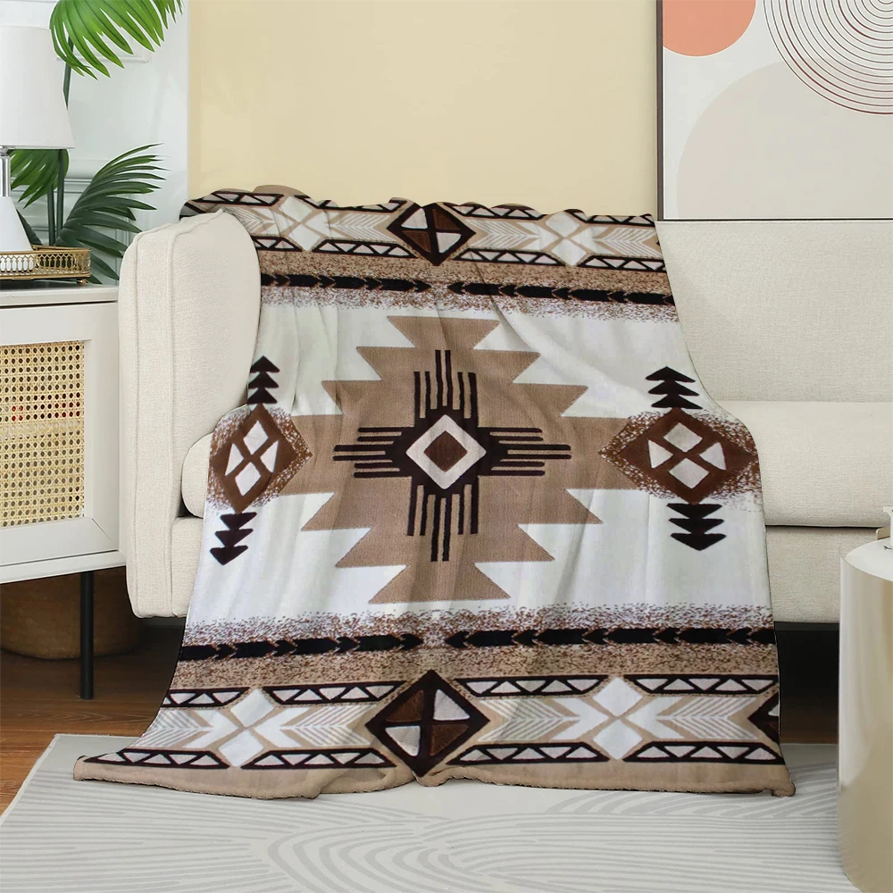 Southwestern Navajo Pattern Flannel Blanket, Tribal Geometric Art Throw, Soft Cozy for Western Style Home Decor Couch Gift