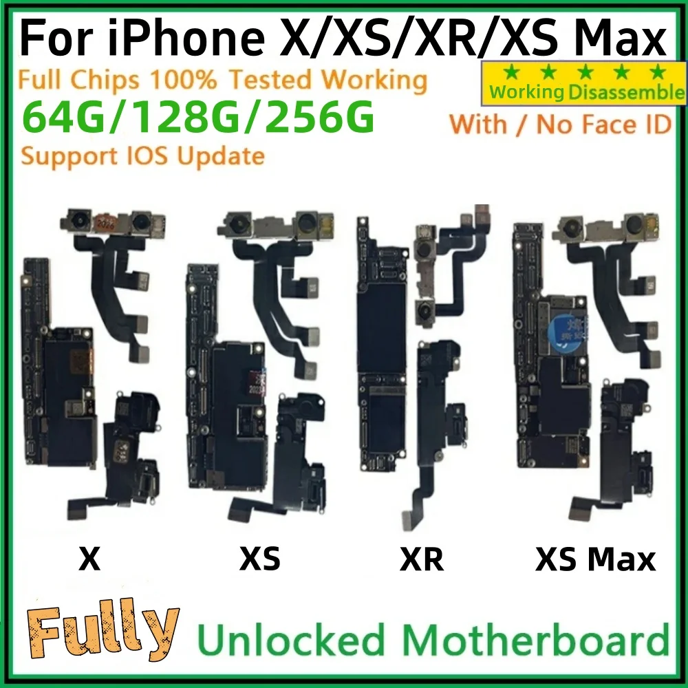 Unlocked For iPhone XR Motherboard For iphone X XS Max With/No Face ID Logic board MainBoard Free Clean iCloud, Support update