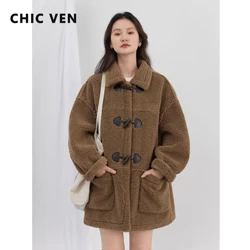 CHIC VEN Women Jackets Loose Thick Warm Outerwear New Horn Buckle Medium Long Plush Jacket Female Coat Autumn Winter 2024