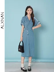 ALXNAN Women Summer Midi Denim Dress Female 2024 Casual Short Sleeve Patch Pockets Notched Collar Fitted Split Dress LXN29722