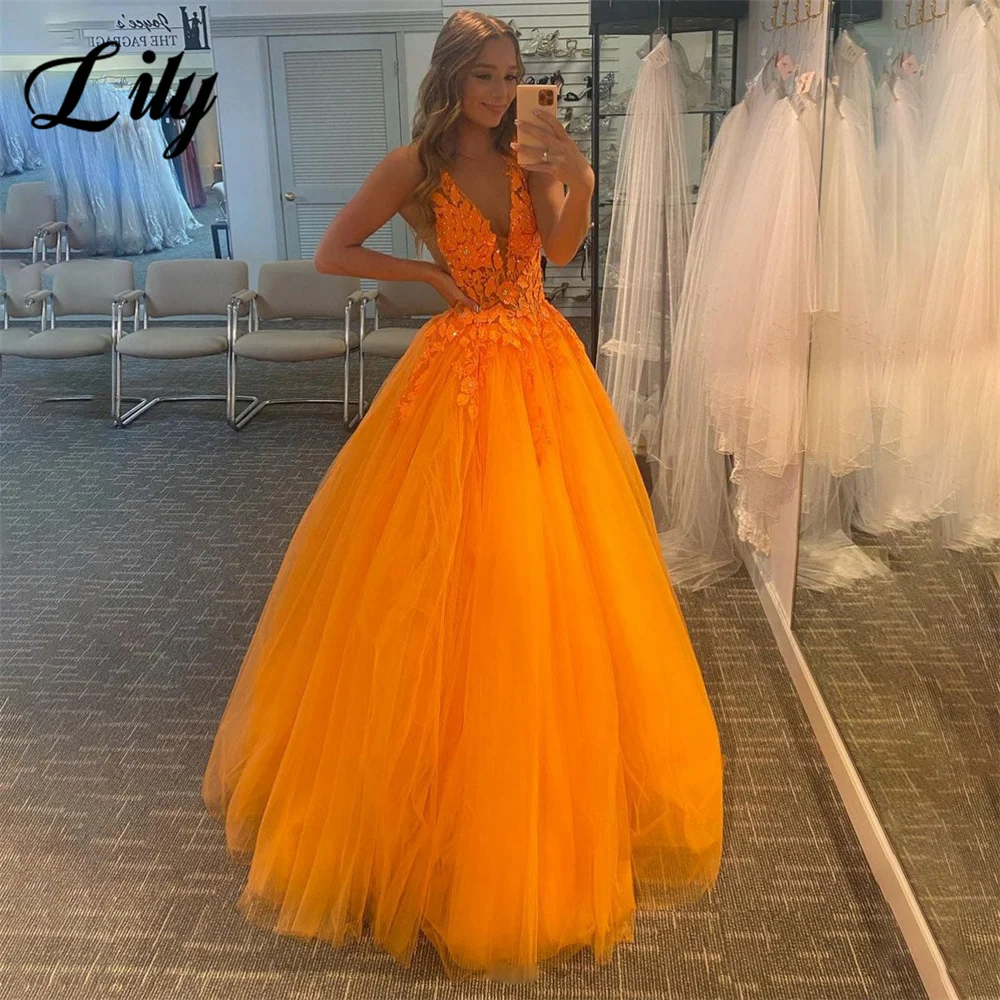 Lilie Orange A-Linie Abendkleid Spaghettiträger Ballkleider mit Spitzenapplikationen Hochzeit Plaets Abendkleid Robes de Soirée