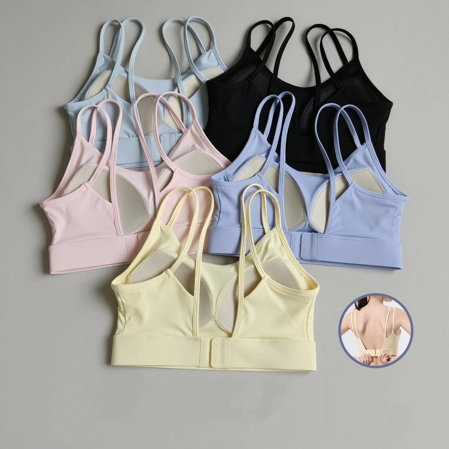 Yoga-Bekleidung mit festen Cups, schöner Rücken, Push-up, Brustverkleinerung, atmungsaktiv, schnelltrocknend, Sport-BH, Lauf-, Pilates- und Fitness-Oberteile – Detail 2