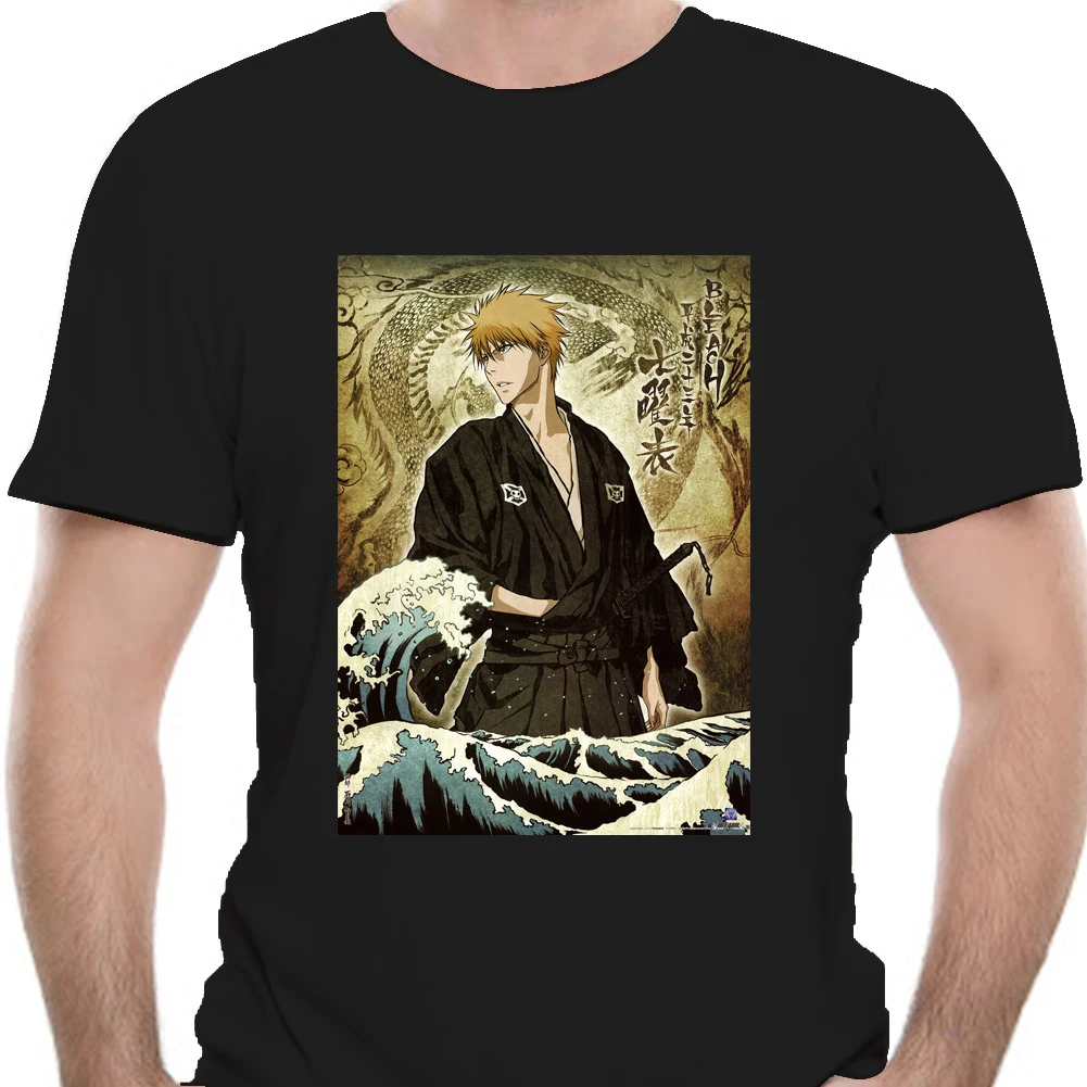 Camiseta de dibujos animados para mujer, camisa de Manga corta, 100% de algodón, holgada, de talla grande, Bleach Ichigo Kurosaki Vagues Hokusai Japon