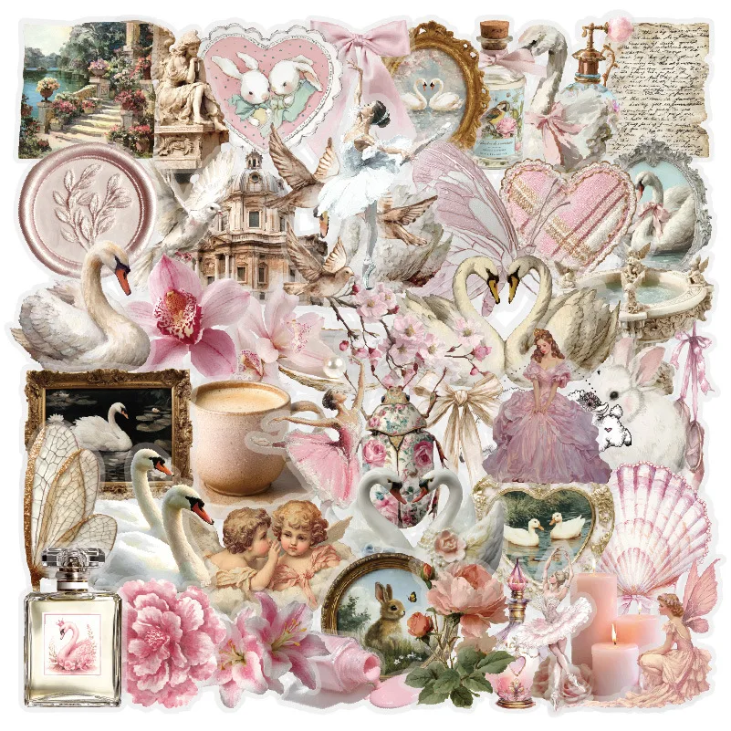 50PCS Pink Ballet Swan Lake PET Cartoon Stickers INS Style Small Fresh Decal DIY Luggage Phone Guitar Scrapbook Cup Kid Toys