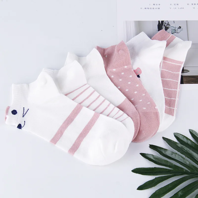 5 Pairs Women's Short Tube Socks Pink Cat Thin Four Seasons Cute Boat Sockslow Top Ins Trendy Socks image 3