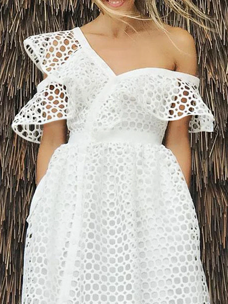 2025 Slim Fit Big Size 4XL Women Clothing Elegant Ladies Summer White Dress Hollow Out Bare Shoulder Ruffled Midi Dresses