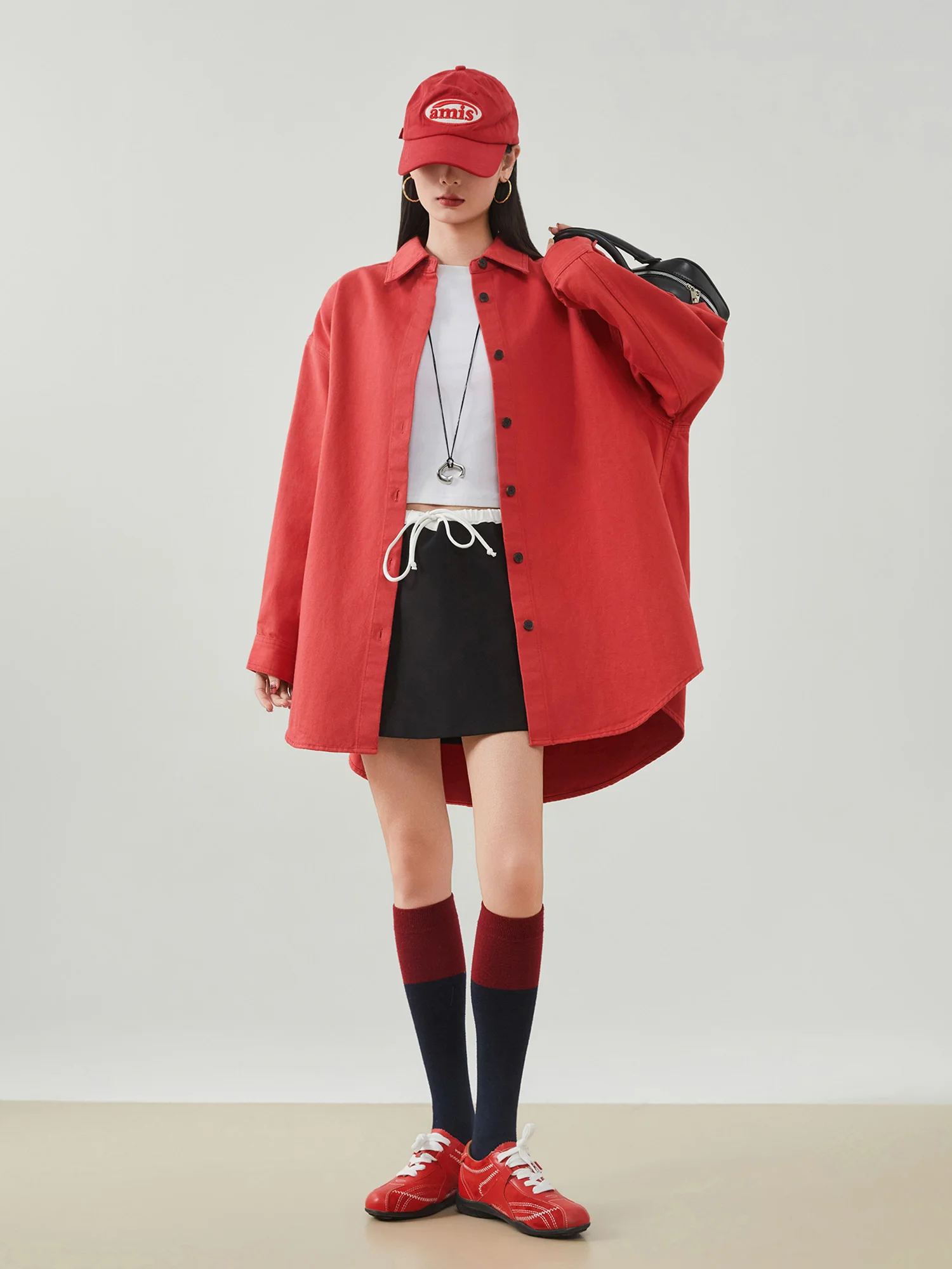 

Red Waed Denim Oversized Long Sve Button irt Women's Loose Mid-Length Versatile Slimming irt Jaet Commute Sle