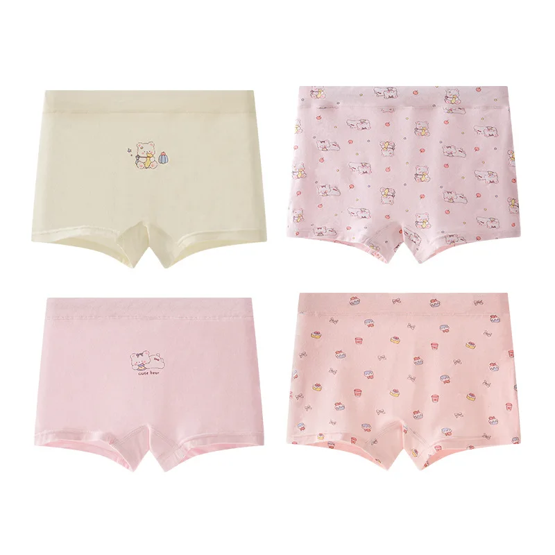 4pcs Girls Underwear Set Solid Color Children's Briefs Soft Cartoon Print for Ages 2-10 Student Adolescent Fashion Kids' Panties