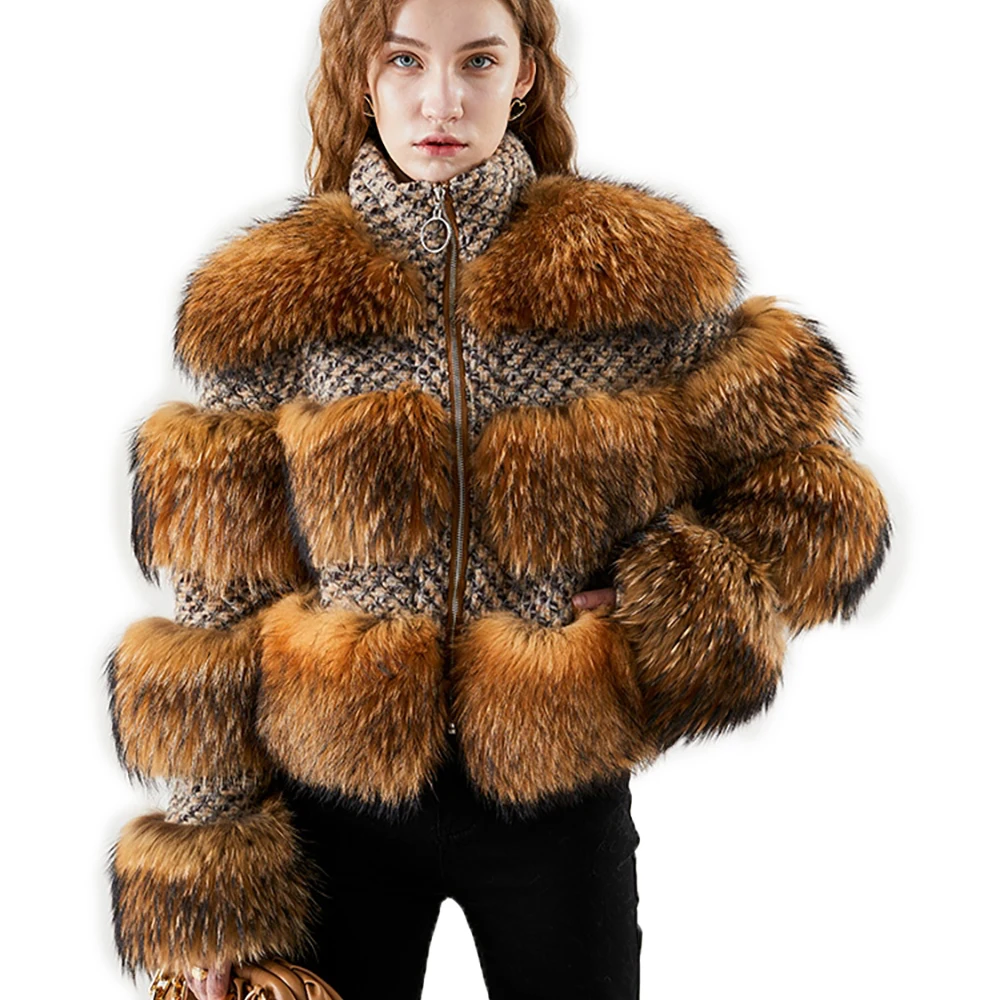 2022 Winter Jacket Women Parka Natural Raccoon Fur Woolen Coat Bomber Jacket Korean Streetwear Real Fur Coat New Oversize