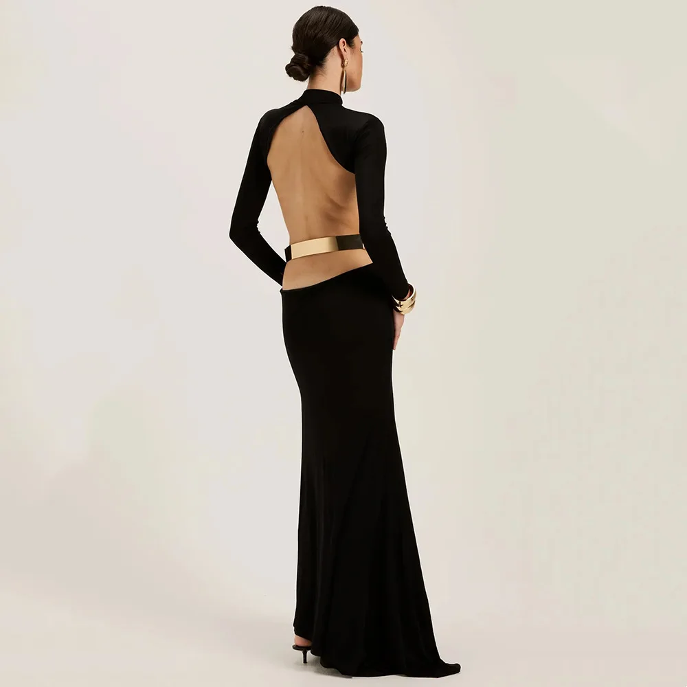 Apprabant-maxivestido de noche metálico elegante para mujer, vestido de fiesta Formal ajustado liso con cuello redondo y espalda descubierta, manga larga